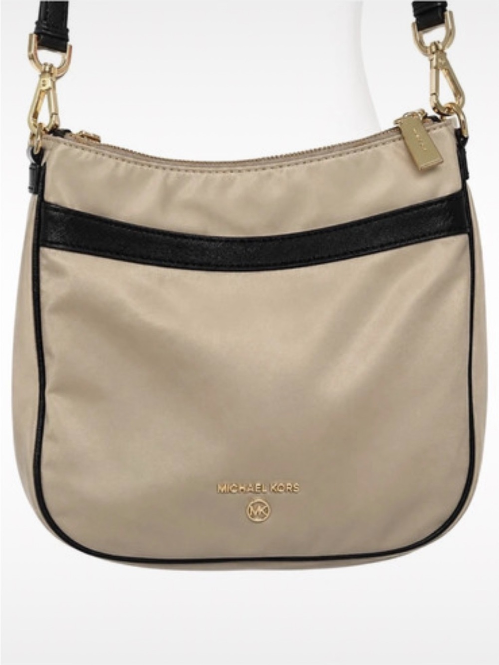 Michael Kors Taupe and Black Nylon Crossbody with Gold Hardware